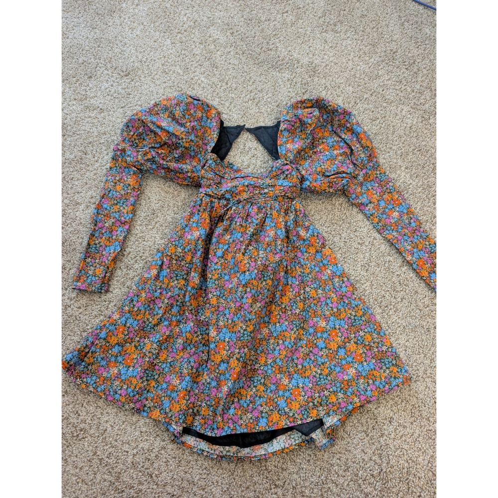 For Love & Lemons Rowan Mini Dress Floral Organic Cotton Puff Sleeve Open Back S